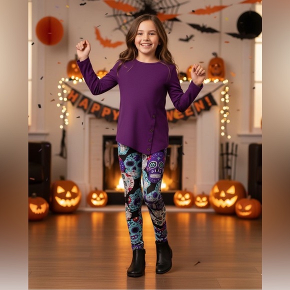NEW Girls Halloween Skull Leggings, Soft Yoga Pants, Kids Costume - Picture 3 of 7